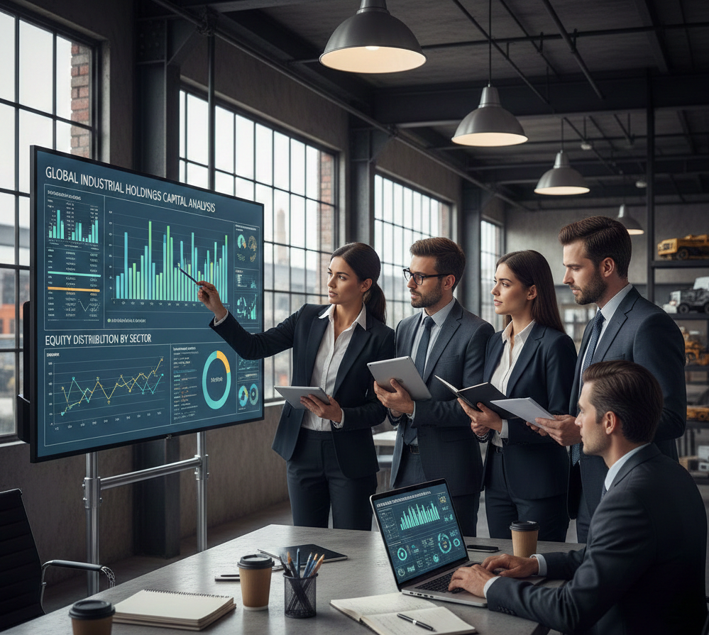 Equipo de consultores analizando gráficos de capital en holdings industriales