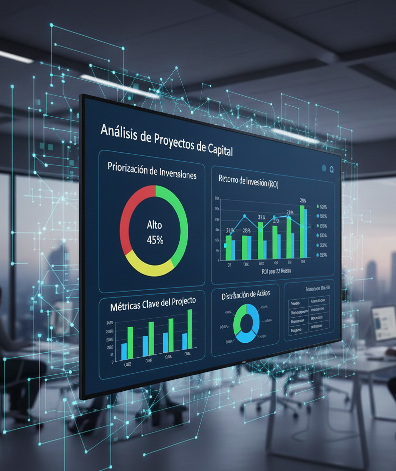 Análisis de proyectos de capital en tablero financiero con métricas de ROI y priorización de inversiones