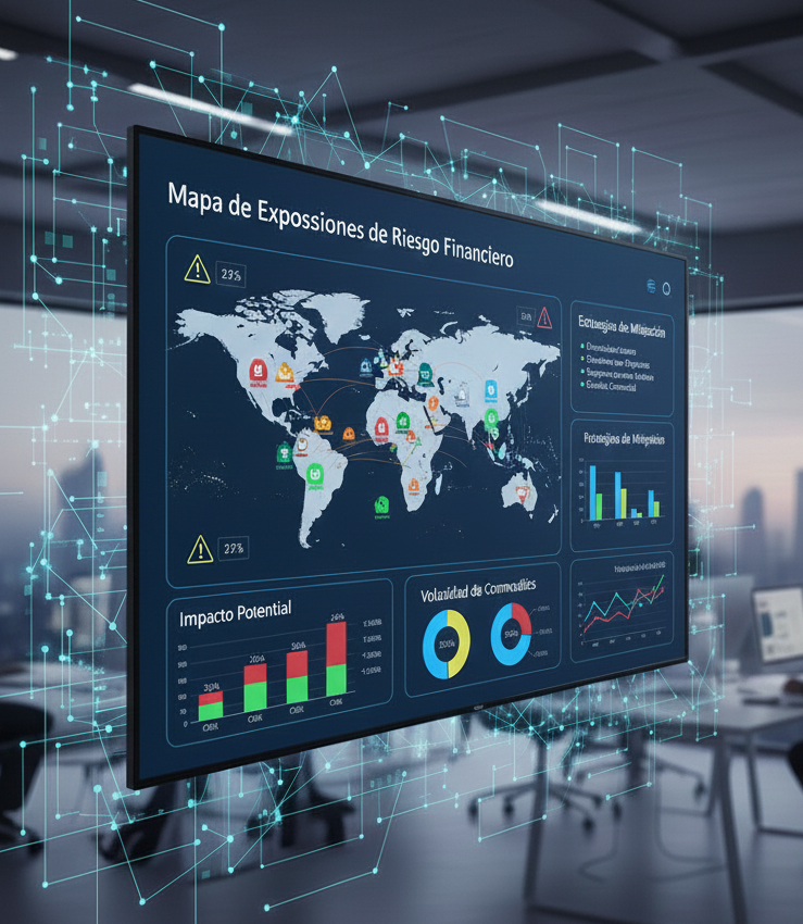 Mapa de exposiciones de riesgo financiero con indicadores de alerta y estrategias de mitigación para commodities
